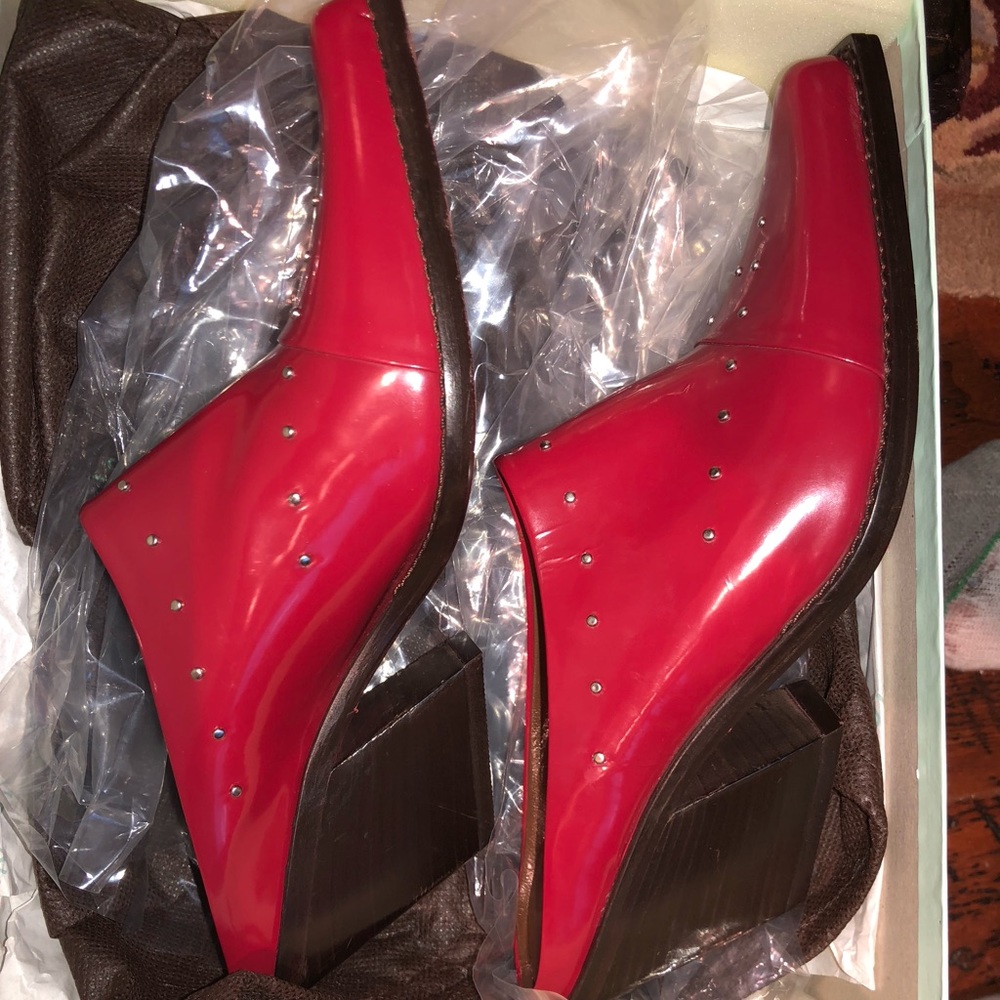 Donald J Pliner Trace red patent leather studded western mules